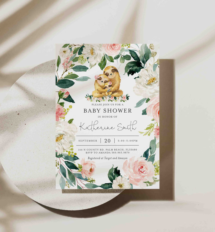 Sloth Family Blush Baby Shower Invitation Printable