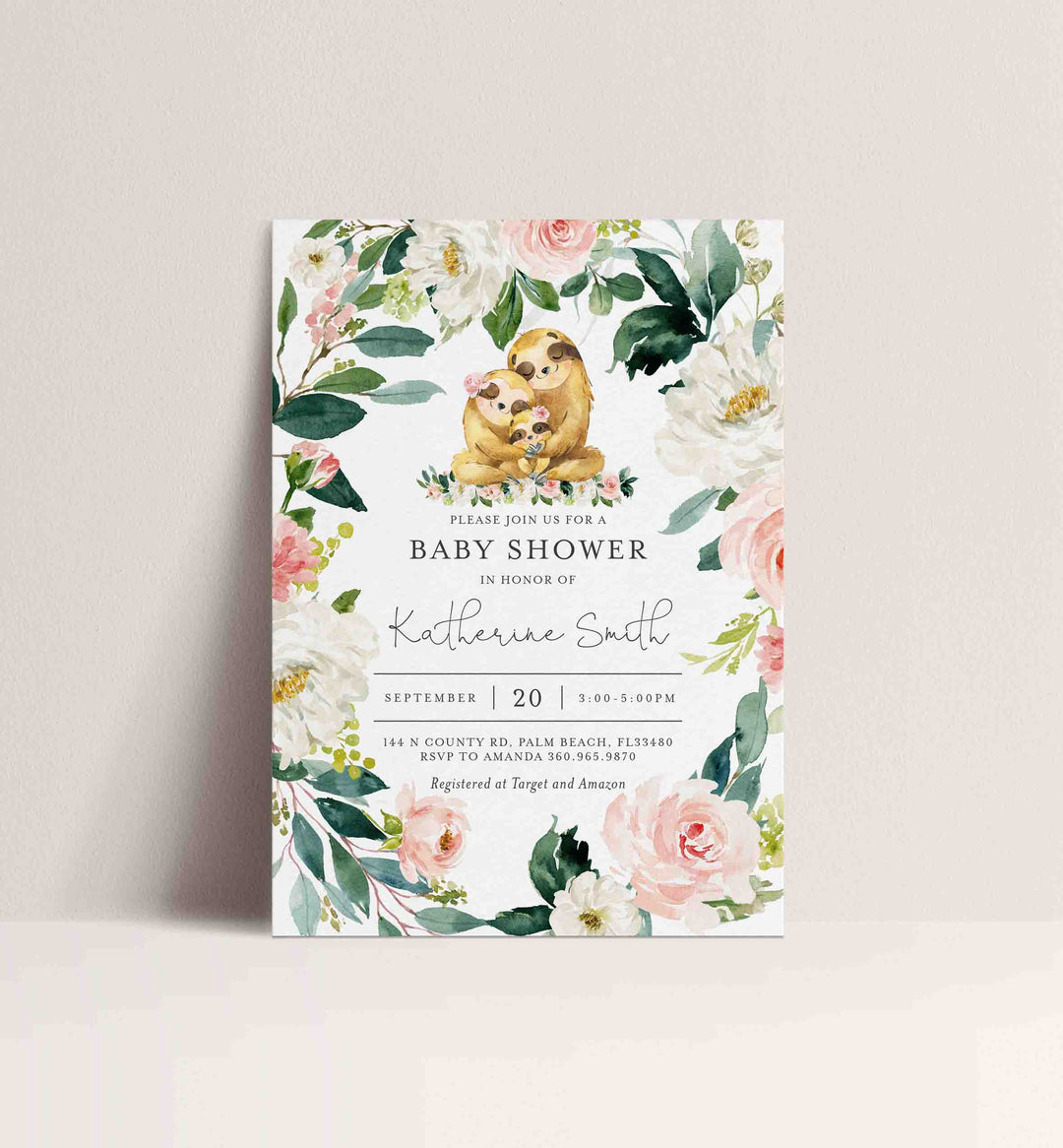 Sloth Family Blush Baby Shower Invitation Printable