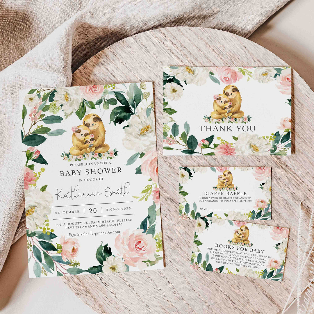 Sloth Family Blush Baby Shower Suite Printable