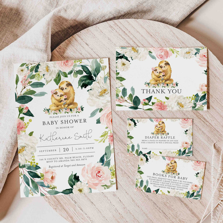 Sloth Family Blush Baby Shower Suite Printable