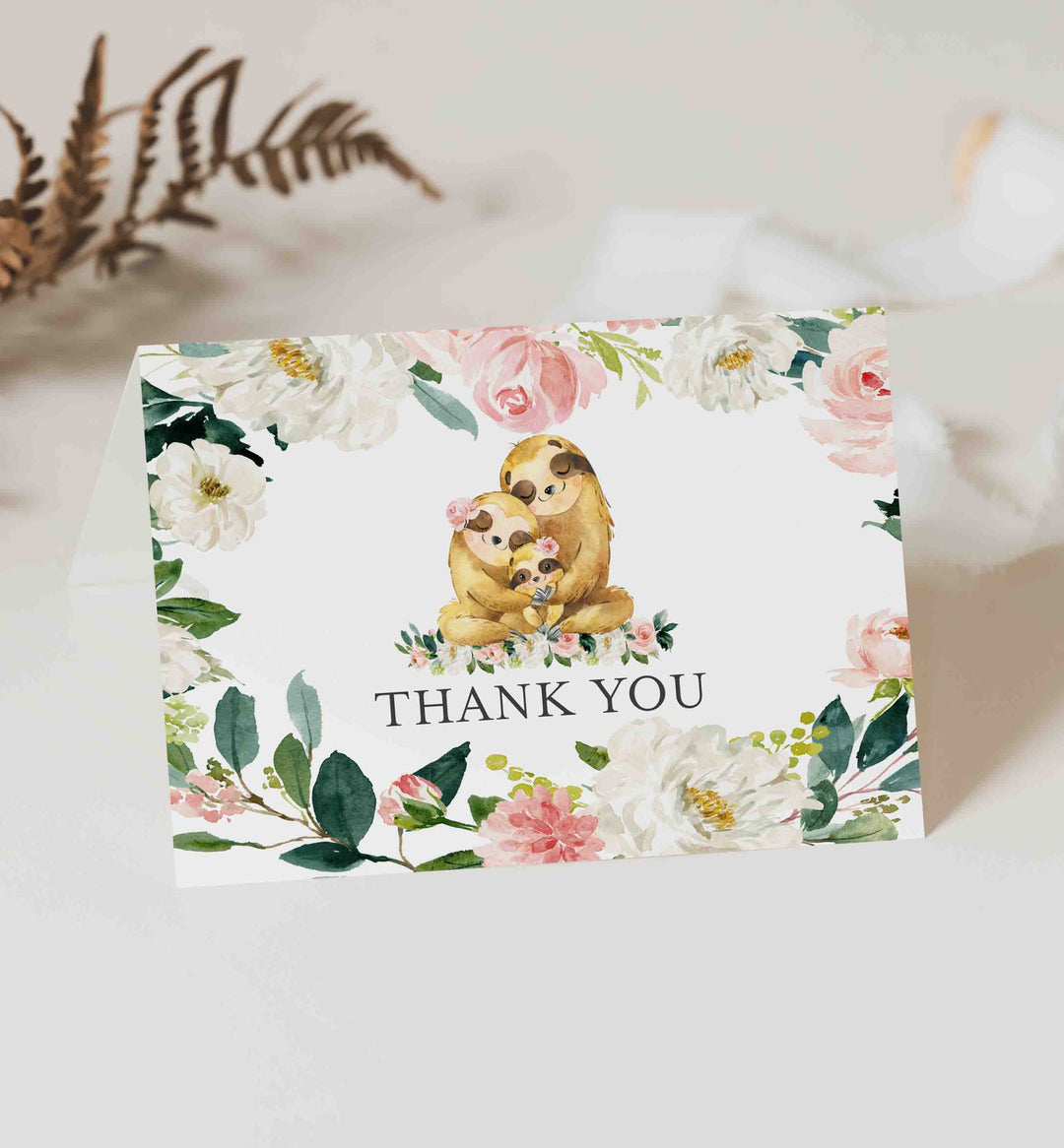 Sloth Family Blush Baby Shower Thank You Card Printable