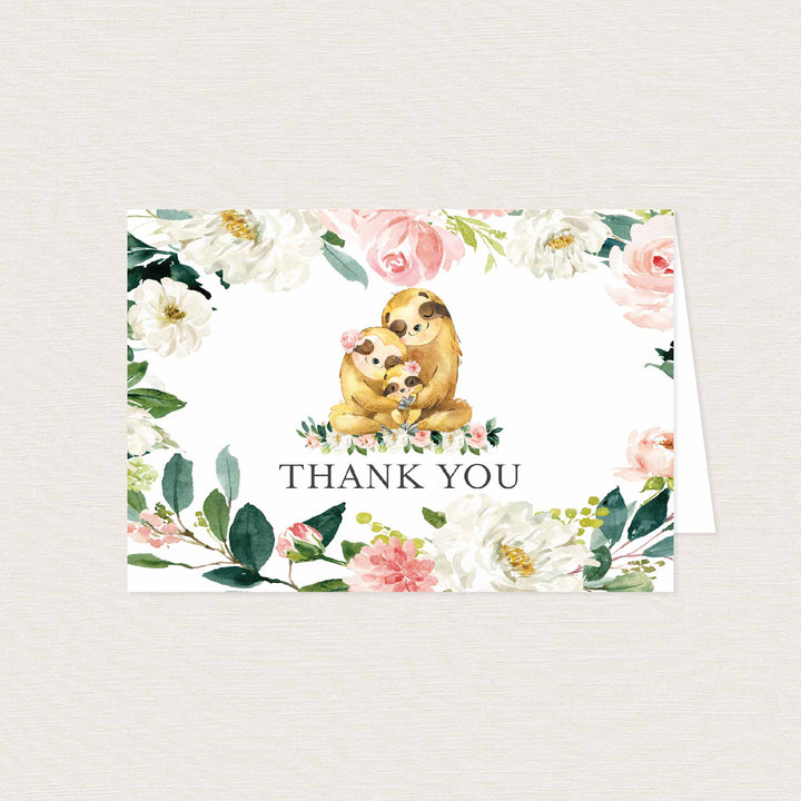 Sloth Family Blush Baby Shower Thank You Card Printable