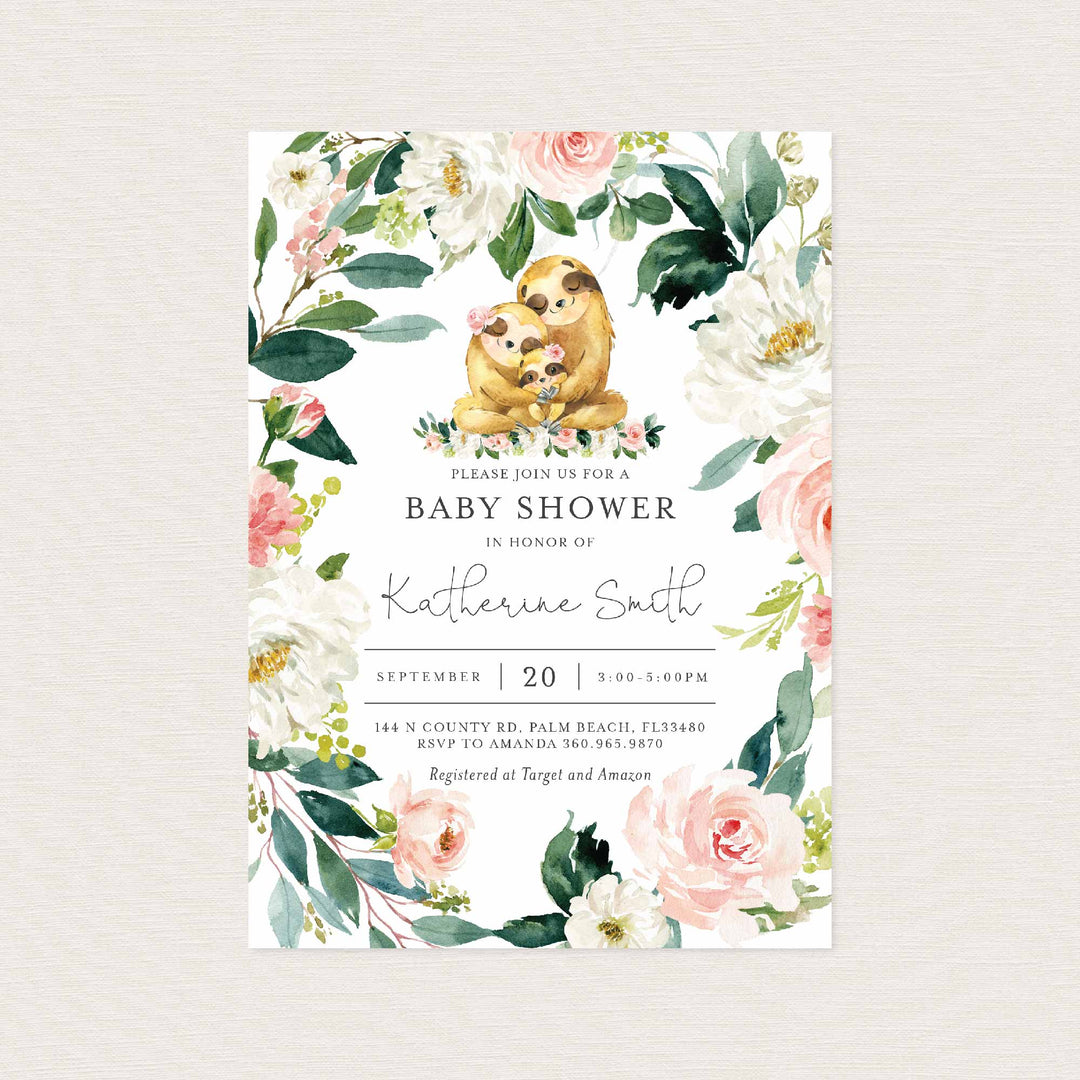 Sloth Family Blush Baby Shower Invitation Printable