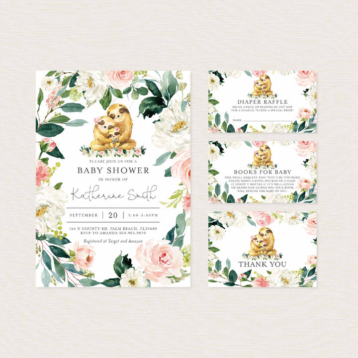 Sloth Family Blush Baby Shower Suite Printable