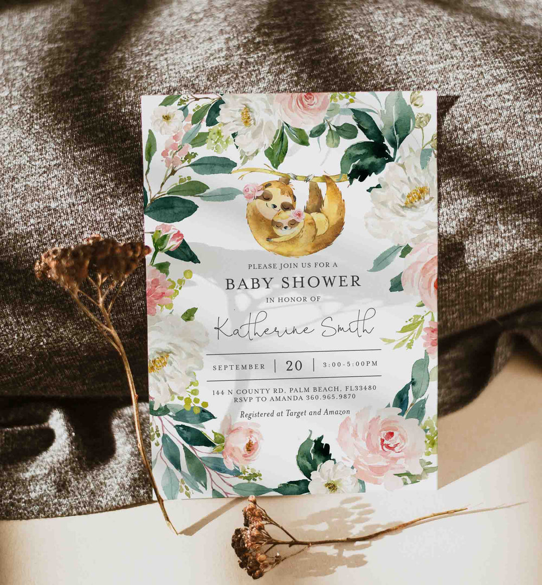 Mummy Baby Sloth Blush Baby Shower Invitation Printable