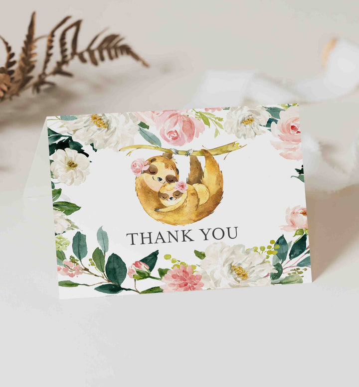 Mummy Baby Sloth Blush Baby Shower Thank You Card Printable