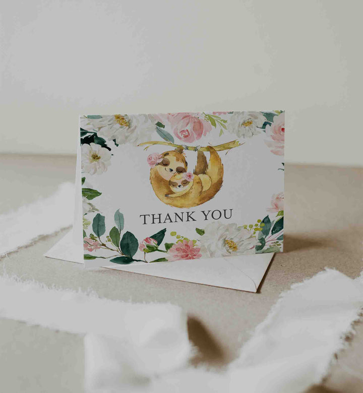 Mummy Baby Sloth Blush Baby Shower Thank You Card Printable