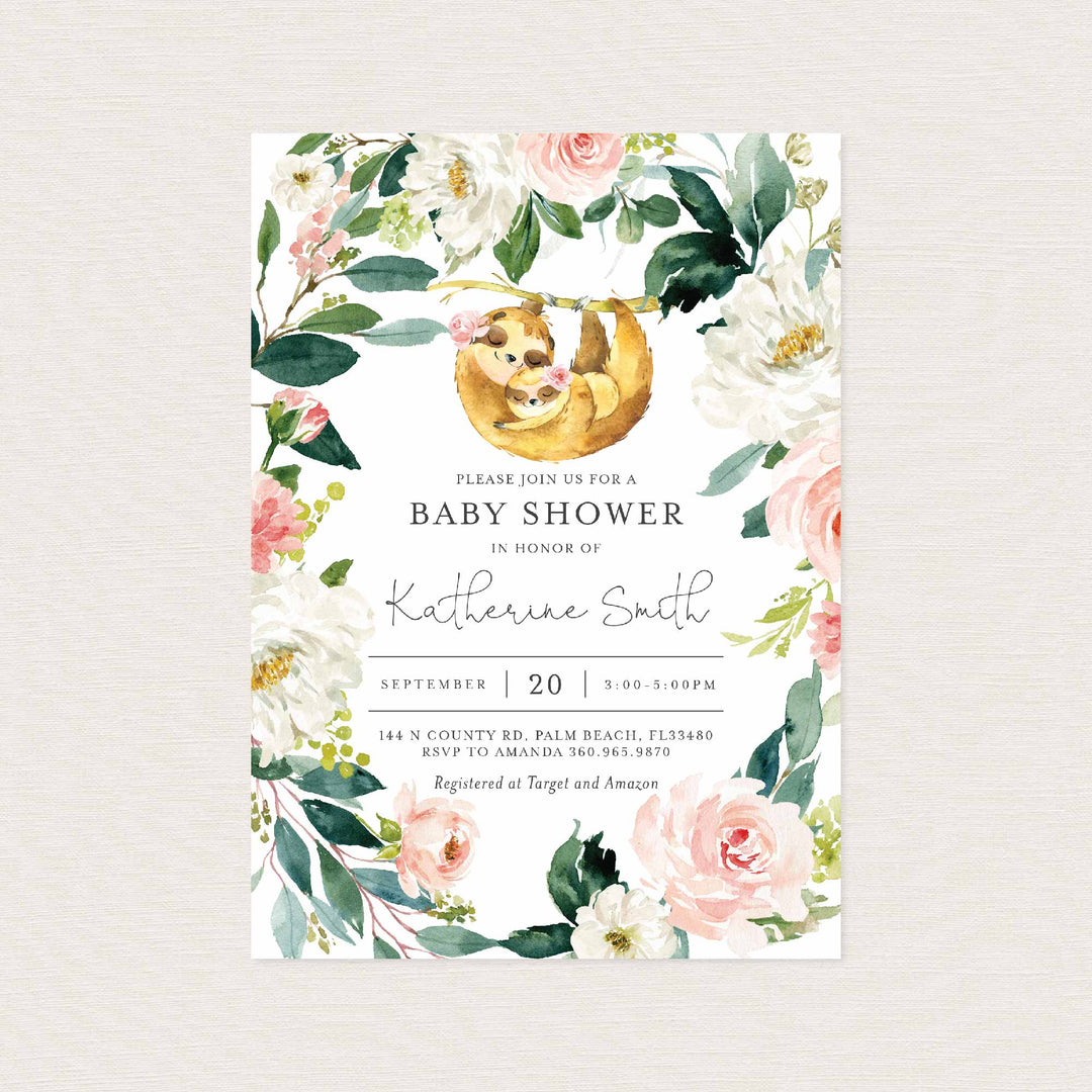 Mummy Baby Sloth Blush Baby Shower Invitation Printable