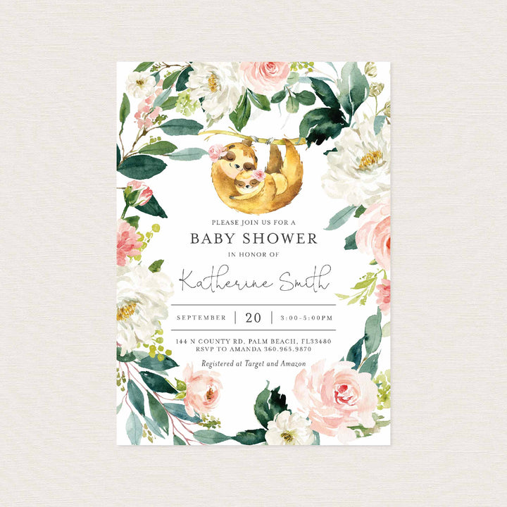 Mummy Baby Sloth Blush Baby Shower Invitation Printable