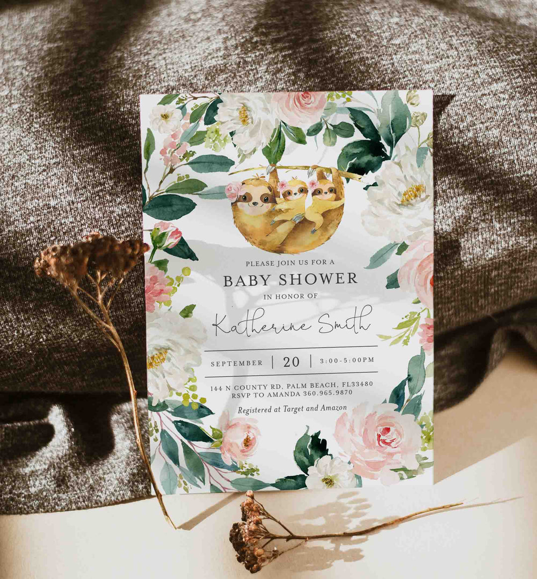 Twin Sloths Blush Baby Shower Invitation Printable