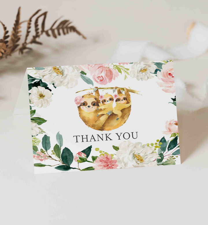 Twin Sloths Blush Baby Shower Thank You Card Printable