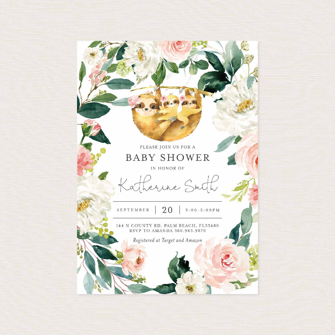 Twin Sloths Blush Baby Shower Invitation Printable