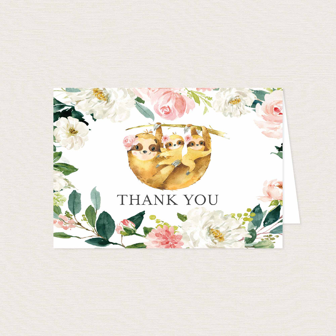 Twin Sloths Blush Baby Shower Thank You Card Printable