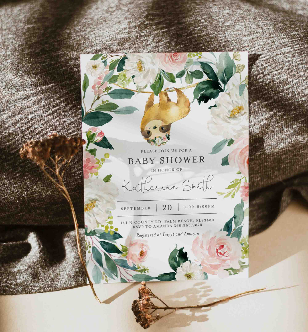 Sloth Blush Baby Shower Invitation Printable