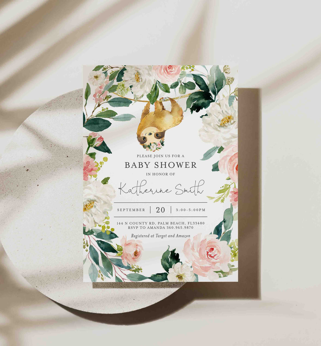 Sloth Blush Baby Shower Invitation Printable