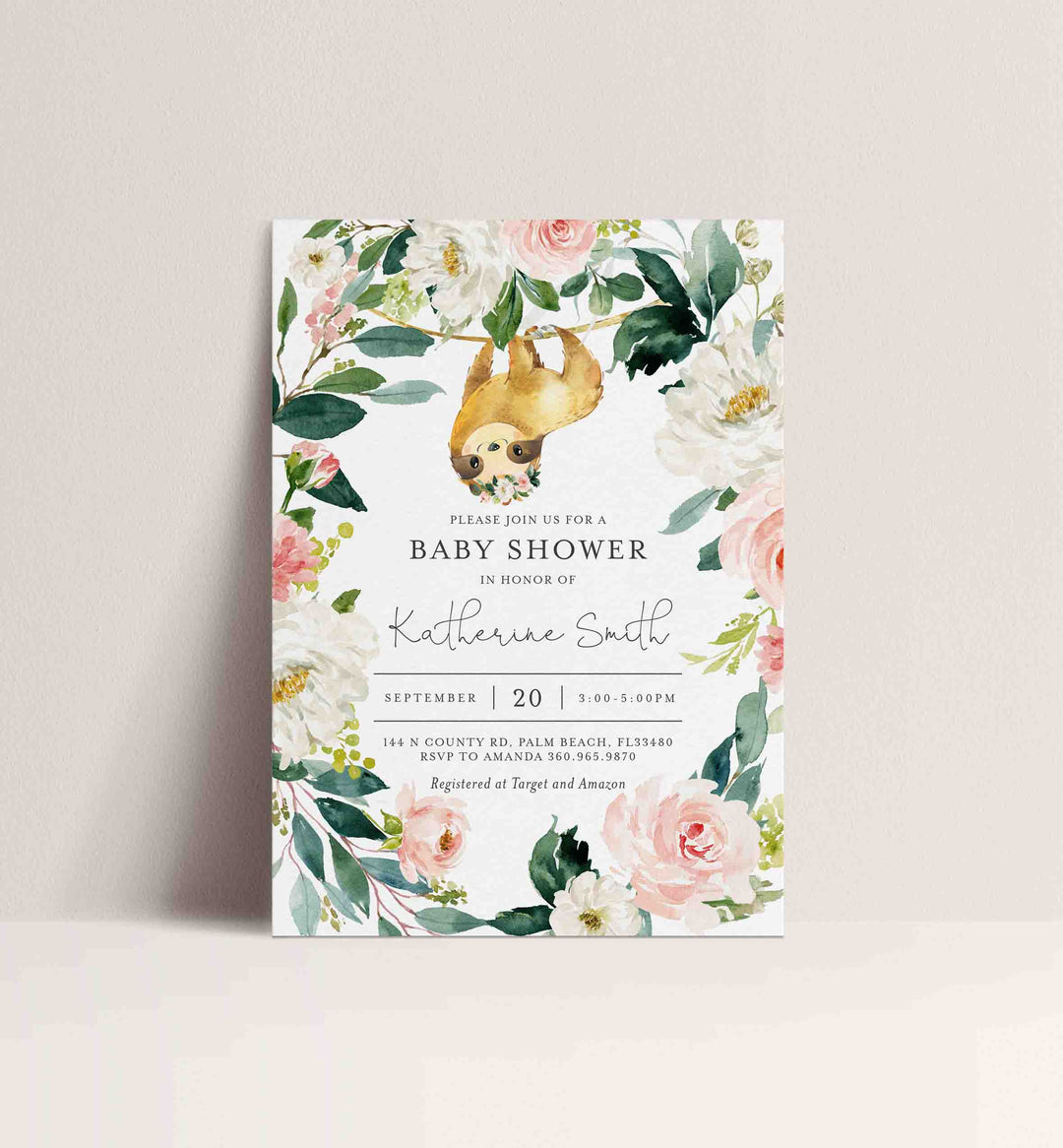 Sloth Blush Baby Shower Invitation Printable