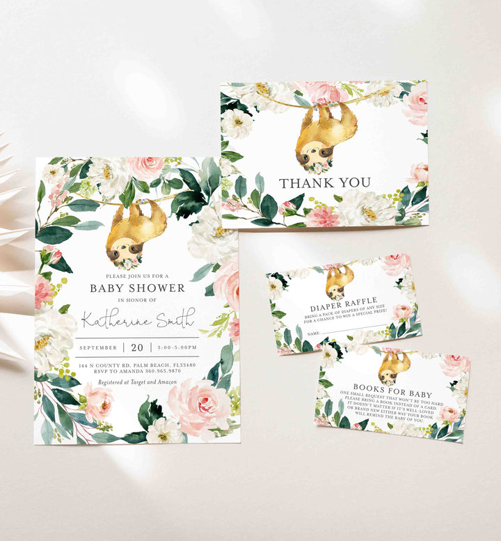 Sloth Blush Baby Shower Suite Printable