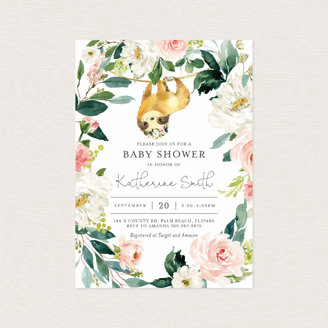 Sloth Blush Baby Shower Invitation Printable