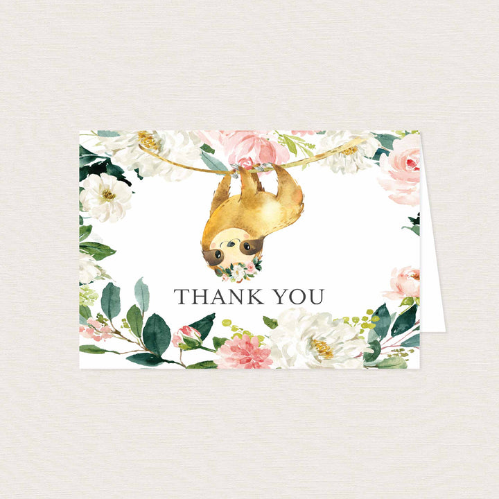 Sloth Blush Baby Shower Thank You Card Printable