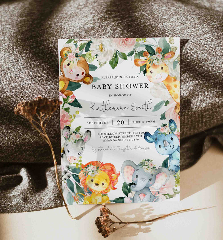 Jungle Animals Blush Baby Shower Invitation Printable