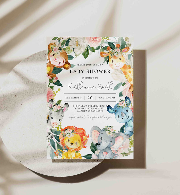 Jungle Animals Blush Baby Shower Invitation Printable