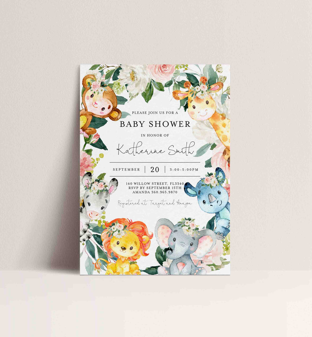 Jungle Animals Blush Baby Shower Invitation Printable