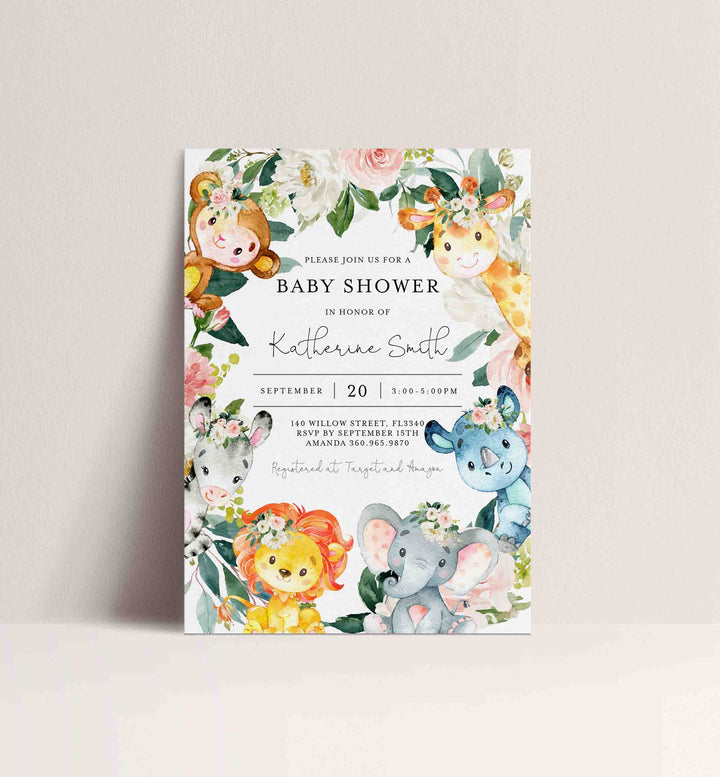 Jungle Animals Blush Baby Shower Invitation Printable