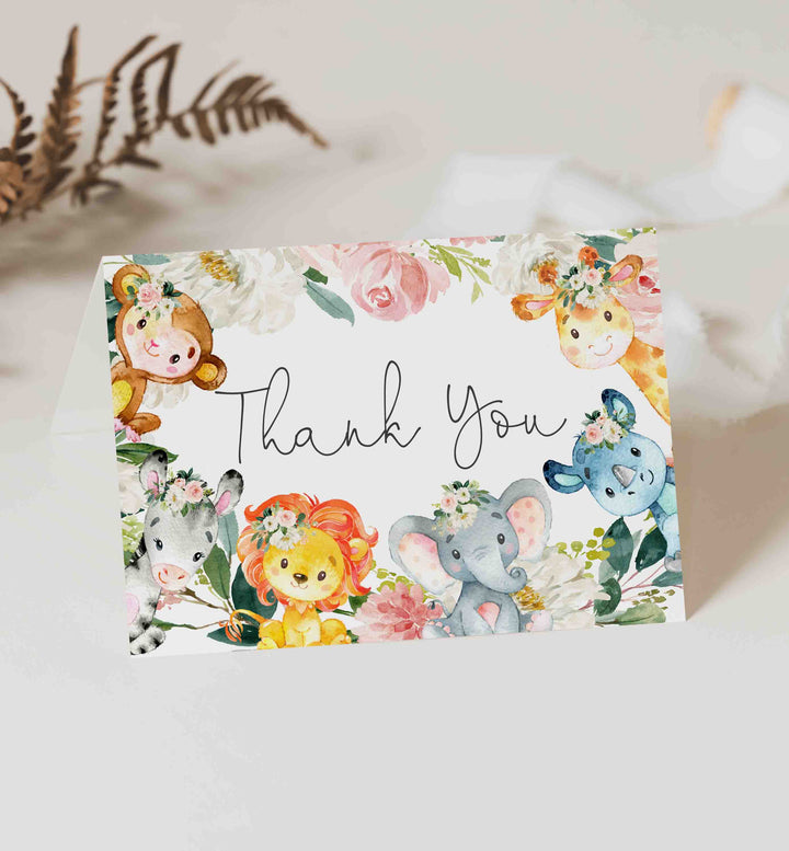 Jungle Animals Blush Baby Shower Thank You Card Printable