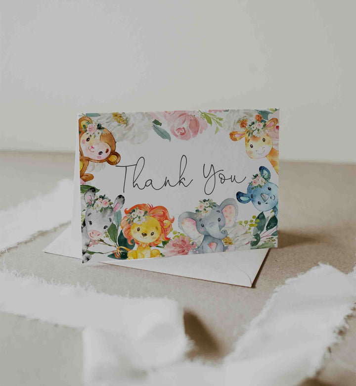 Jungle Animals Blush Baby Shower Thank You Card Printable