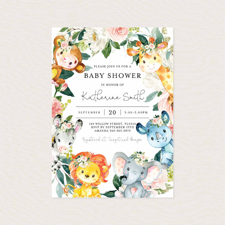 Jungle Animals Blush Baby Shower Invitation Printable