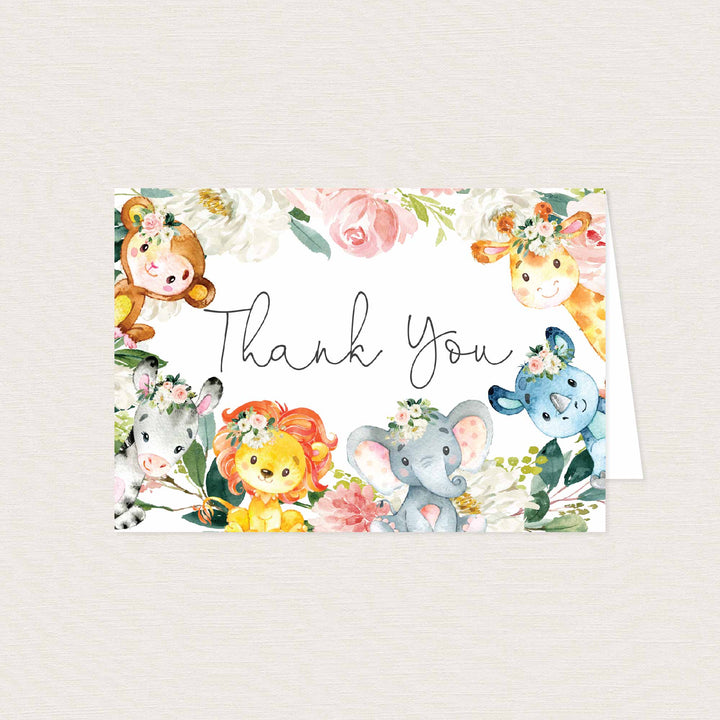 Jungle Animals Blush Baby Shower Thank You Card Printable