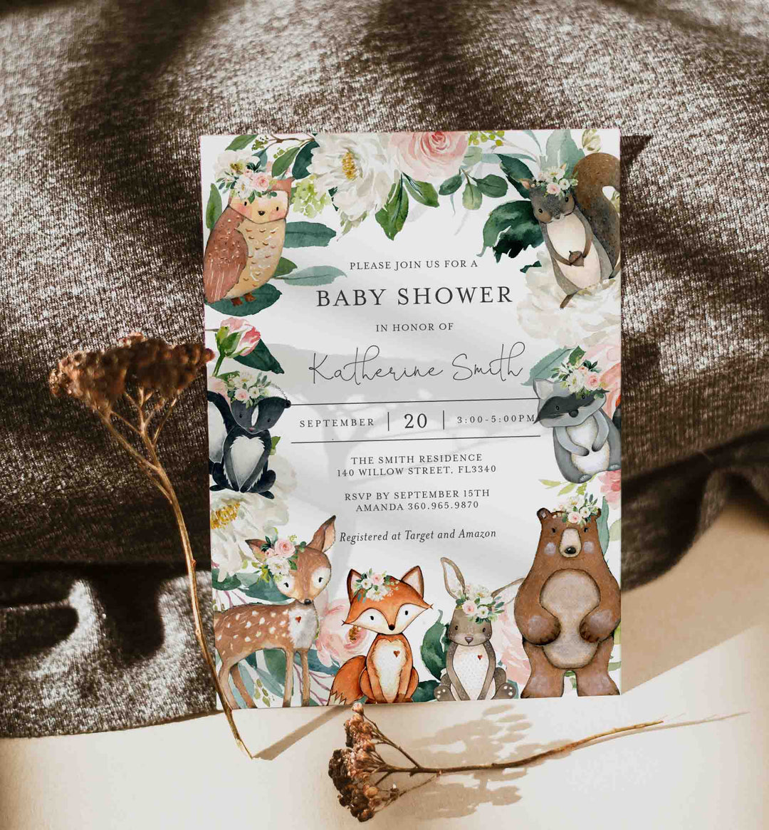 Woodland Animals Blush Baby Shower Invitation Printable