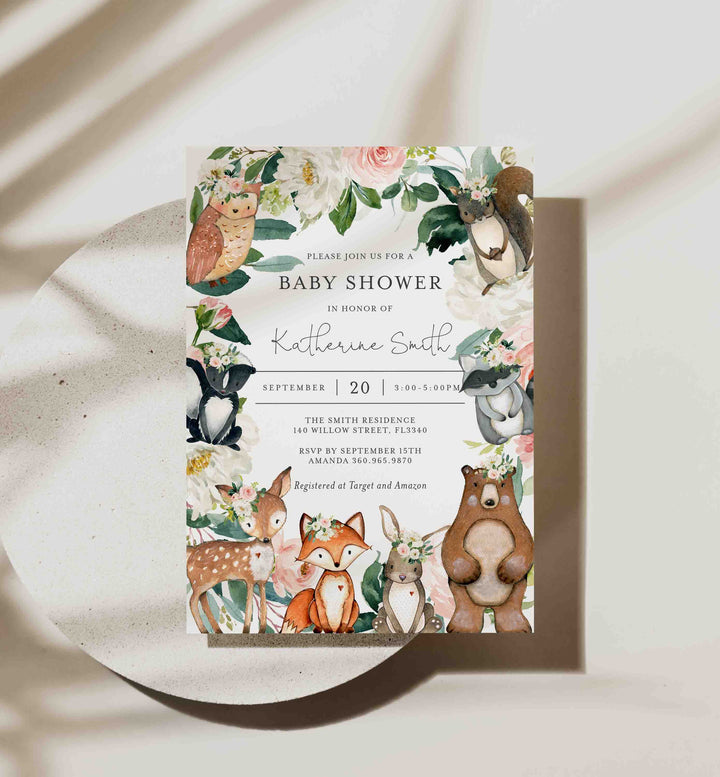 Woodland Animals Blush Baby Shower Invitation Printable