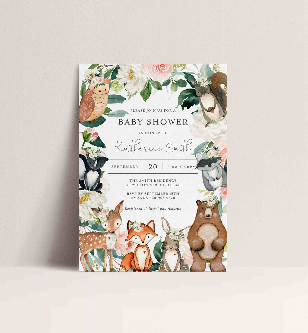 Woodland Animals Blush Baby Shower Invitation Printable