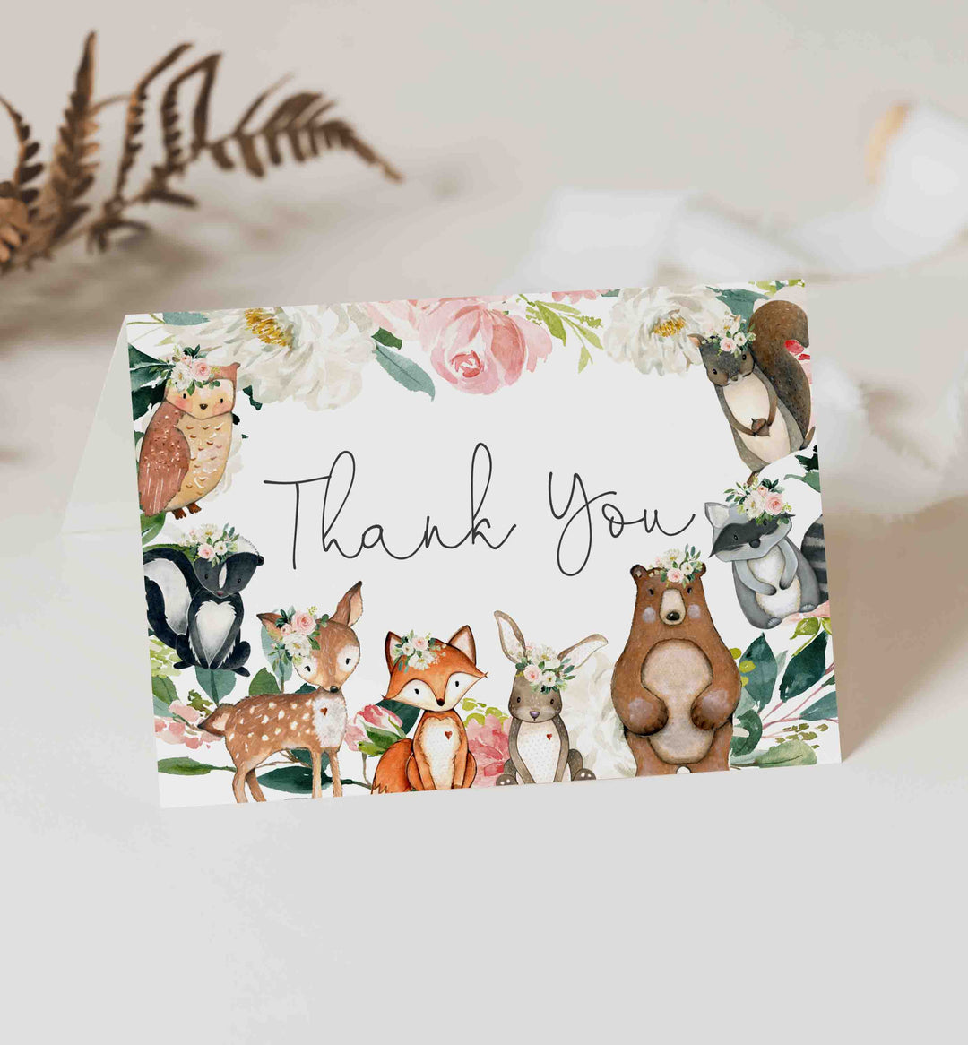 Woodland Animals Blush Baby Shower Thank You Card Printable