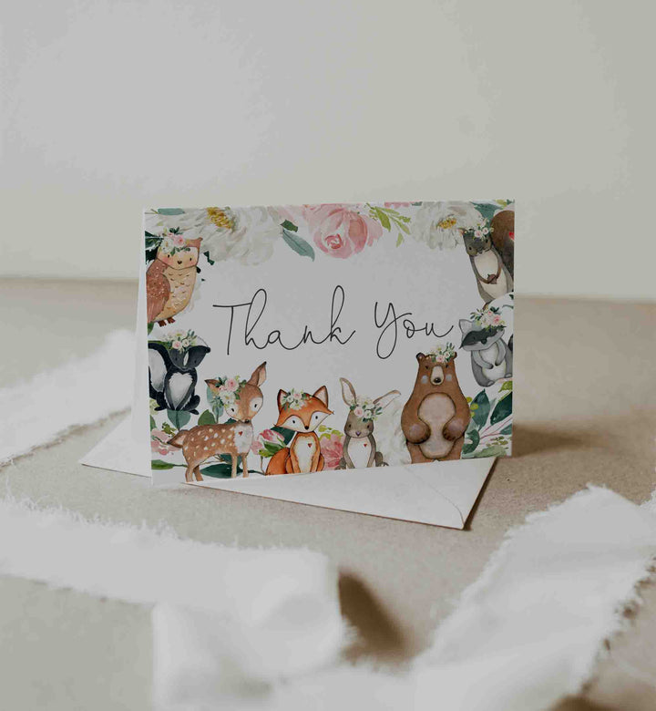 Woodland Animals Blush Baby Shower Thank You Card Printable