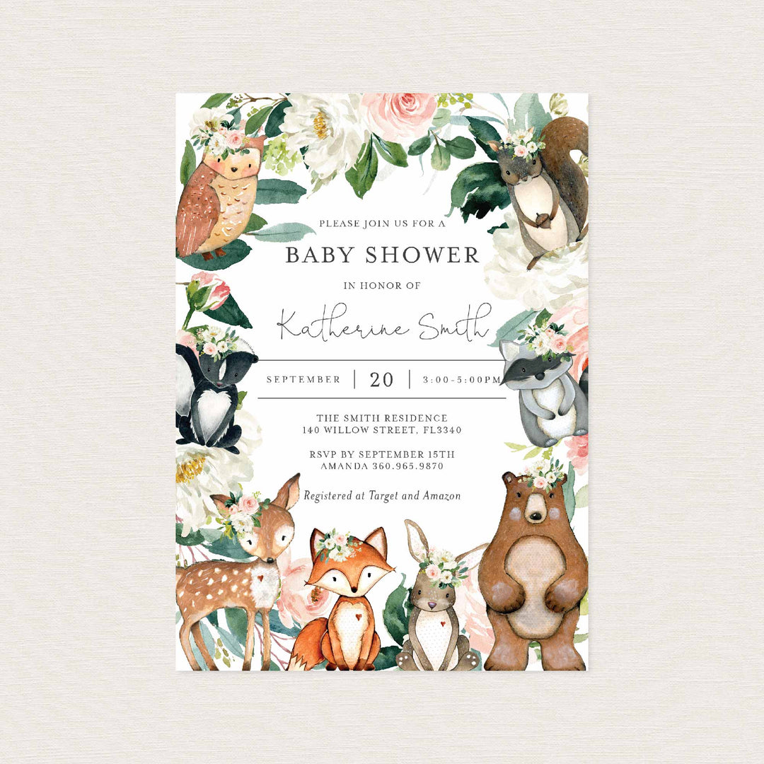 Woodland Animals Blush Baby Shower Invitation Printable