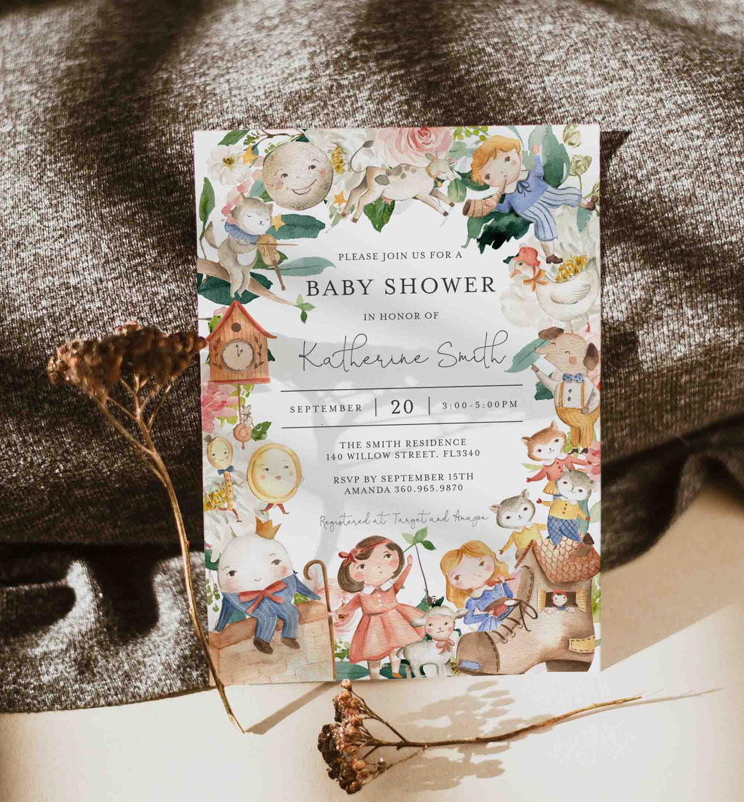 Nursery Rhymes Blush Baby Shower Invitation Printable