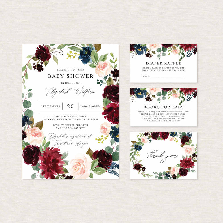 Burgundy Navy Baby Shower Suite Printable