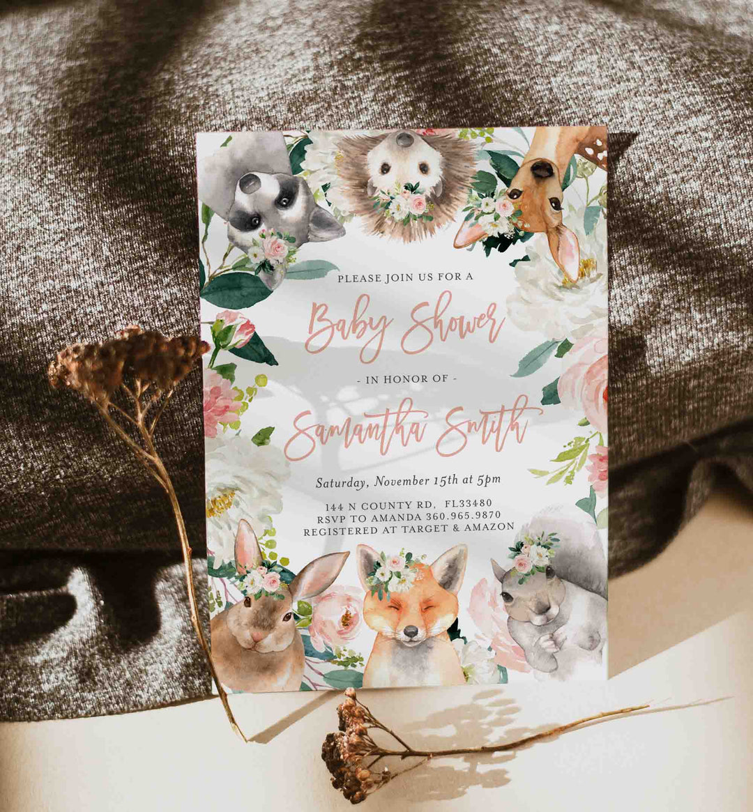 Forest Animals Blush Baby Shower Invitation Printable