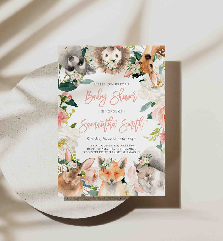 Forest Animals Blush Baby Shower Invitation Printable