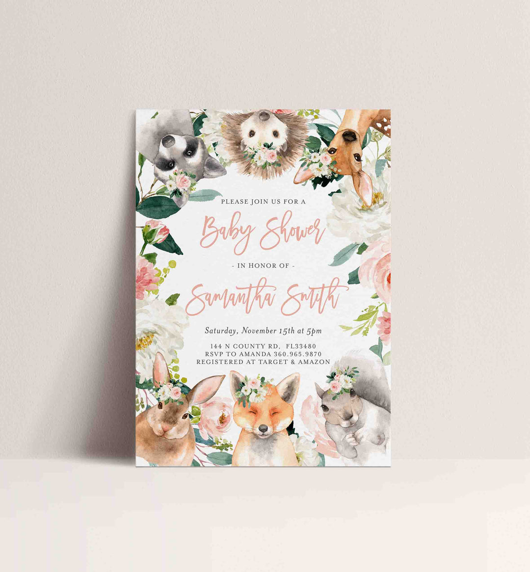 Forest Animals Blush Baby Shower Invitation Printable