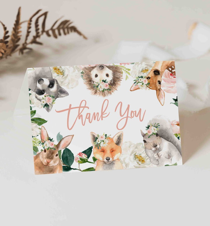 Forest Animals Blush Baby Shower Thank You Card Printable