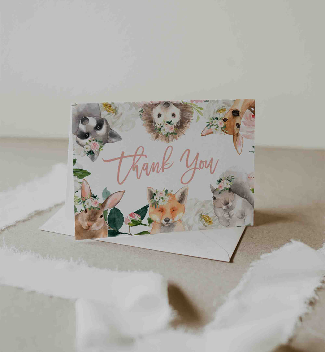 Forest Animals Blush Baby Shower Thank You Card Printable