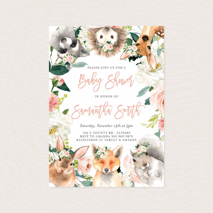 Forest Animals Blush Baby Shower Invitation Printable