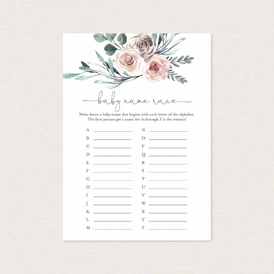 Boho Rose Baby Shower Name Race Game Printable