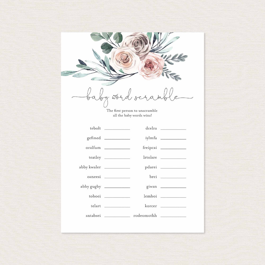 Boho Rose Baby Shower Word Scramble Game Printable