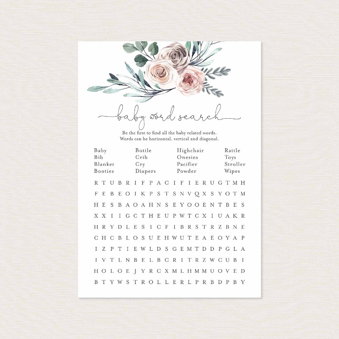 Boho Rose Baby Shower Word Search Game Printable