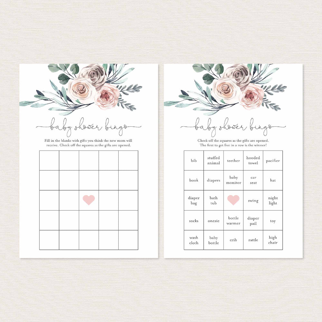 Boho Rose Baby Shower Bingo Game Printable