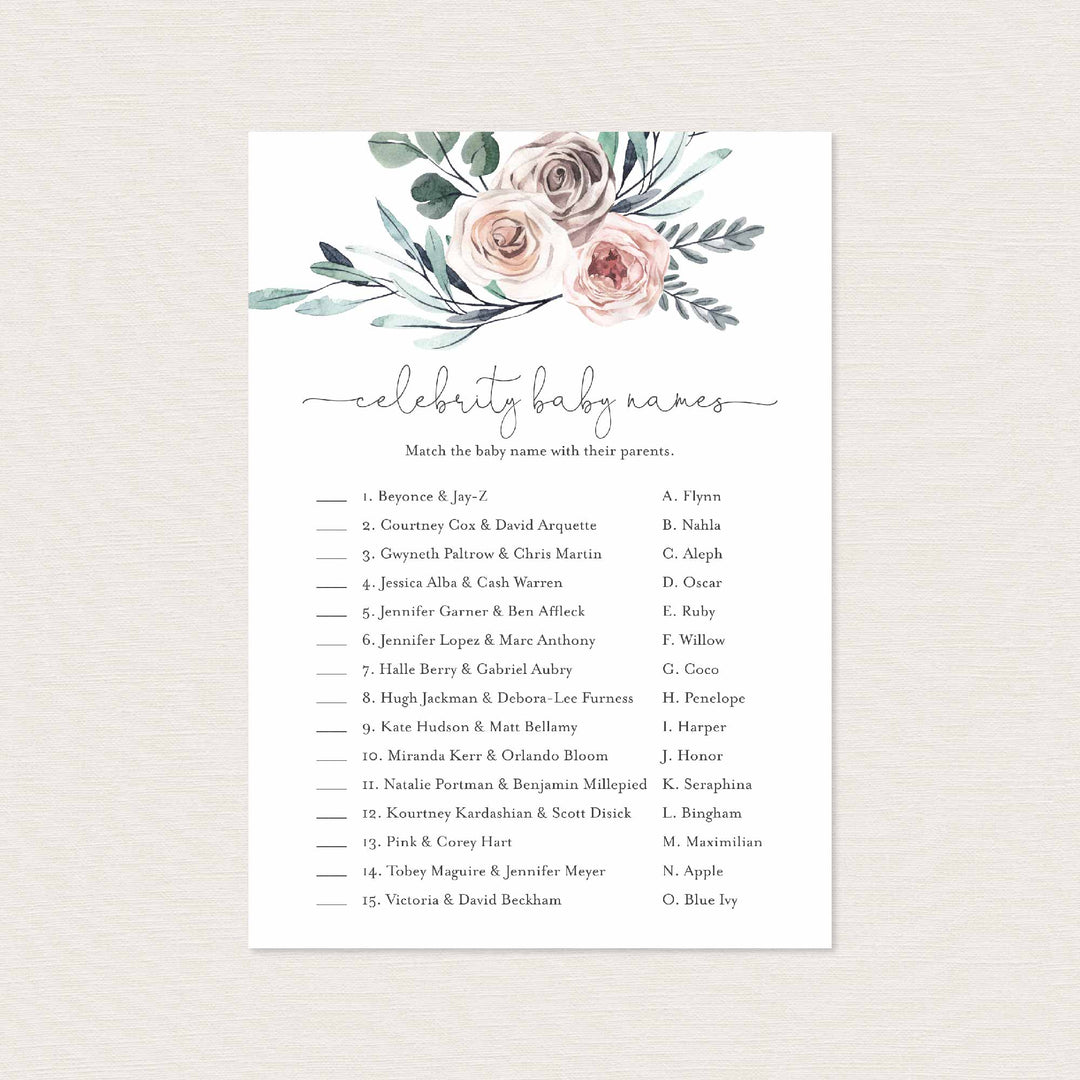 Boho Rose Baby Shower Celebrity Baby Names Game Printable